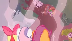 Size: 662x380 | Tagged: safe, derpibooru import, screencap, apple bloom, scootaloo, spike, sweetie belle, dragon, earth pony, pegasus, pony, unicorn, ponyville confidential, season 2, angry, bow, cutie mark crusaders, female, filly, foal, force field, golden oaks library, hair bow, image, library, looking down, magic, png, sparkles, tree, window