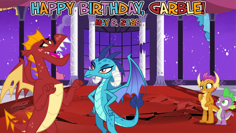 Size: 2064x1164 | Tagged: safe, artist:drakizora, artist:le-23, artist:melisareb, artist:not-yet-a-brony, artist:vector-brony, derpibooru import, garble, princess ember, smolder, spike, dragon, 2022, birthday, birthday party, embarrassed, ember is not amused, image, may, now you fucked up, party, png, ruins, this did not end well, unamused, vincent tong, voice actor reference