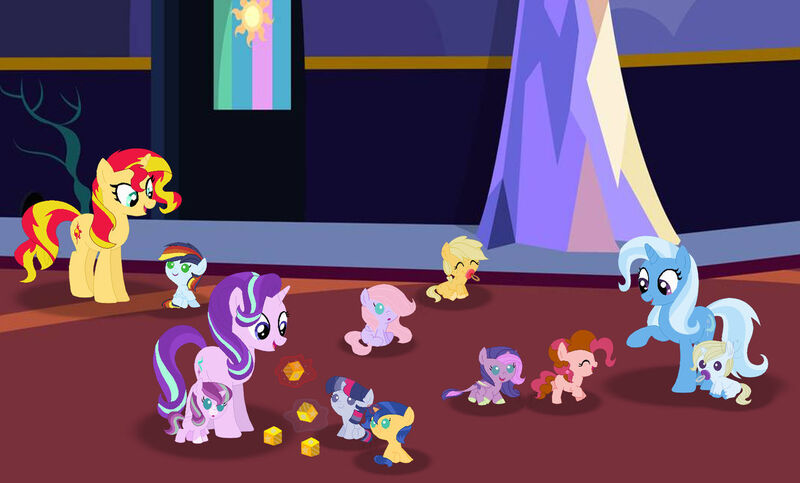 Size: 1280x772 | Tagged: safe, artist:wispyaxolotl, derpibooru import, starlight glimmer, sunset shimmer, trixie, oc, oc:aurora (wispyaxolotl), oc:dreamy moon, oc:fire wisp, oc:golden caramel, oc:jewell, oc:lilly blossom, oc:muffin, oc:skye painter, oc:star swish, dracony, earth pony, hybrid, pegasus, pony, unicorn, baby, baby pony, babysitting, base used, blocks, female, filly, foal, image, interspecies offspring, jpeg, levitation, magic, mare, offspring, pacifier, parent:applejack, parent:big macintosh, parent:caramel, parent:cheese sandwich, parent:comet tail, parent:flash sentry, parent:fluttershy, parent:pinkie pie, parent:prince blueblood, parent:rainbow dash, parent:rarity, parent:soarin', parent:spike, parent:starlight glimmer, parent:sunburst, parent:sunset shimmer, parent:trixie, parent:twilight sparkle, parents:bluetrix, parents:carajack, parents:cheesepie, parents:cometlight, parents:flashimmer, parents:fluttermac, parents:soarindash, parents:sparity, parents:starburst, telekinesis, twilight's castle