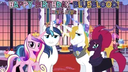 Size: 2064x1161 | Tagged: safe, artist:not-yet-a-brony, derpibooru import, prince blueblood, princess cadance, shining armor, tempest shadow, alicorn, unicorn, 2022, birthday, birthday party, friends, friendship, image, may, party, png, vincent tong, voice actor reference