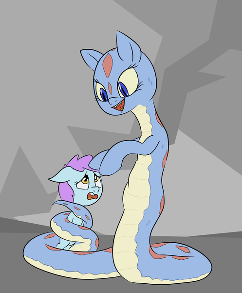 Size: 1940x2342 | Tagged: safe, artist:happy harvey, derpibooru import, oc, unofficial characters only, earth pony, lamia, original species, pony, snake, snake pony, coils, drawn on phone, fangs, female, female pred, filly, filly prey, foal, happy, hug, image, imminent vore, mare, png, scared, slit pupils, wrapped up