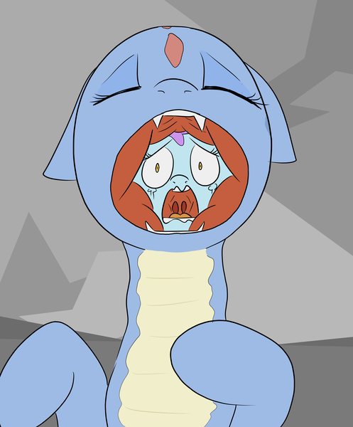Size: 1940x2342 | Tagged: questionable, artist:happy harvey, derpibooru import, oc, unofficial characters only, earth pony, lamia, original species, pony, snake, snake pony, crying, drawn on phone, eyes closed, fangs, female, female pred, filly, filly prey, foal, image, mare, png, scared, swallowing, uvula, vore