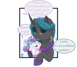 Size: 3790x3286 | Tagged: safe, artist:backgroundpony#f352, derpibooru import, princess flurry heart, queen chrysalis, alicorn, changeling, changeling queen, pony, auntie chrissy, baby, canterlot wedding 10th anniversary, duo, eyes closed, eyes open, female, glasses, horn, image, mare, mirror universe, png, princess, reversalis, signature, simple background, text, transparent background