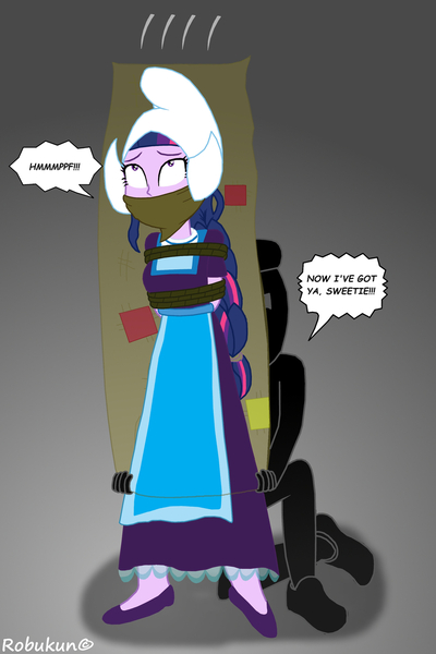 Size: 1024x1536 | Tagged: safe, artist:cartoonmasterv3, derpibooru import, twilight sparkle, equestria girls, bondage, bound and gagged, cloth gag, dutch, dutch cap, gag, hat, image, jpeg, kidnapped, muffled words, rope, rope bondage, scared, shocked, show accurate, surprised, tied up