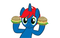 Size: 1098x691 | Tagged: safe, artist:pastel-pocky, artist:ry-bluepony1, derpibooru import, oc, oc:train track, unicorn, base used, burger, food, green eyes, hair, hay burger, horn, image, mane, png, show accurate