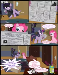Size: 1042x1358 | Tagged: safe, artist:dendoctor, derpibooru import, mean twilight sparkle, pinkie pie, princess luna, twilight sparkle, twilight sparkle (alicorn), alicorn, earth pony, pony, comic:clone.., alternate universe, bits, clone, clothes, comic, couch, female, glow, glowing horn, hat, horn, image, jpeg, magic, newspaper, pinkie clone, quill, swear jar, telekinesis, test tube