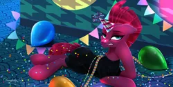 Size: 2971x1500 | Tagged: safe, artist:darksly, derpibooru import, tempest shadow, pony, unicorn, balloon, confetti, female, hat, image, jpeg, lying down, mare, party hat, solo, streamers, tempest shadow is not amused, unamused
