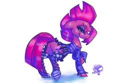 Size: 3600x2400 | Tagged: safe, alternate version, artist:mannybcadavera, derpibooru import, fizzlepop berrytwist, tempest shadow, pony, unicorn, boots, broken horn, butt, checkerboard pattern, clothes, female, floppy ears, glare, horn, image, long sleeve shirt, looking at you, looking back, looking back at you, mare, plot, png, shirt, shoes, simple background, sneaker boots, socks, solo, thigh highs, underhoof, white background