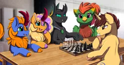 Size: 3709x1950 | Tagged: safe, artist:pridark, derpibooru import, oc, unofficial characters only, changeling, gryphon, kirin, pony, unicorn, changeling oc, chess, chess piece, commission, female, griffon oc, group, high res, horn, image, kirin oc, male, open mouth, playing, png, sitting, table, unicorn oc, watching