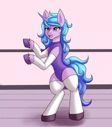 Size: 1500x1700 | Tagged: safe, artist:zachc, derpibooru import, izzy moonbow, pony, unicorn, bipedal, clothes, female, g5, image, leg warmers, leotard, png, socks, solo, unshorn fetlocks