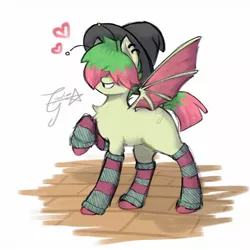 Size: 1280x1280 | Tagged: safe, artist:cj_dango, derpibooru import, oc, oc:cj, unofficial characters only, bat pony, bat wings, clothes, hat, image, jpeg, socks, solo, striped socks, wings, witch hat