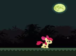 Size: 356x264 | Tagged: safe, derpibooru import, apple bloom, earth pony, pony, bloodlineapplebloom.exe, bow, female, filly, foal, forest, game, grass, hair bow, image, mare, moon, night, png, tree, youtube link