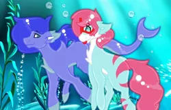 Size: 1600x1024 | Tagged: safe, artist:sizzluine, derpibooru import, oc, unofficial characters only, earth pony, merpony, pony, blue mane, bubble, chest fluff, crepuscular rays, female, fish tail, flowing mane, goggles, image, jpeg, mare, ocean, red mane, seaweed, sunlight, tail, tongue out, underwater, water