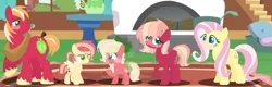Size: 1280x408 | Tagged: safe, artist:selenaede, artist:strawberry-spritz, artist:teafor2-d, derpibooru import, big macintosh, fluttershy, oc, oc:peachy see, oc:sweet apple, oc:sweet note, earth pony, pegasus, pony, alternate design, alternate hairstyle, base used, bow, earth pony oc, family, female, filly, fireplace, fluttermac, fluttershy's cottage, foal, freckles, hair accessory, hair bow, image, jpeg, male, mare, offspring, parent:big macintosh, parent:fluttershy, parents:fluttermac, pegasus oc, pillow, pot, rug, shipping, siblings, sisters, stallion, straight, striped mane, tail, tail bow, teenager, twins, window, wings