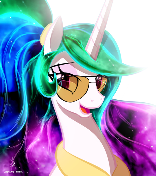 Size: 1920x2160 | Tagged: safe, artist:zidanemina, derpibooru import, princess celestia, alicorn, pony, alternate hairstyle, bust, ethereal mane, eyebrows, female, glasses, high res, image, jpeg, mare, missing accessory, open mouth, open smile, portrait, signature, simple background, smiling, solo, starry mane, white background