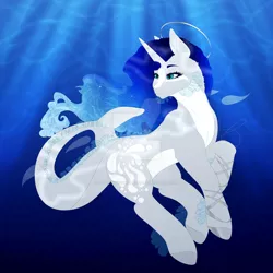 Size: 1280x1280 | Tagged: safe, artist:melodyboundless, derpibooru import, oc, unofficial characters only, merpony, original species, pony, shark, shark pony, unicorn, blue eyes, blue mane, contest entry, crepuscular rays, deviantart watermark, female, fish tail, flowing mane, flowing tail, horn, image, jpeg, mare, obtrusive watermark, ocean, smiling, solo, sunlight, swimming, tail, underwater, water, watermark