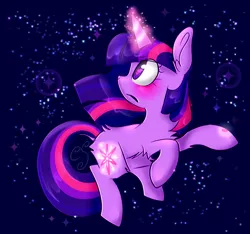 Size: 760x710 | Tagged: safe, artist:computershits, derpibooru import, twilight sparkle, pony, unicorn, :o, abstract background, blushing, chest fluff, ear fluff, female, floating, glow, glowing cutie mark, glowing horn, hoof heart, horn, image, lightly watermarked, looking sideways, magic, magic aura, open mouth, png, raised hoof, shiny eyes, solo, sparkles, starry background, stars, unicorn twilight, watermark, wind, windswept mane