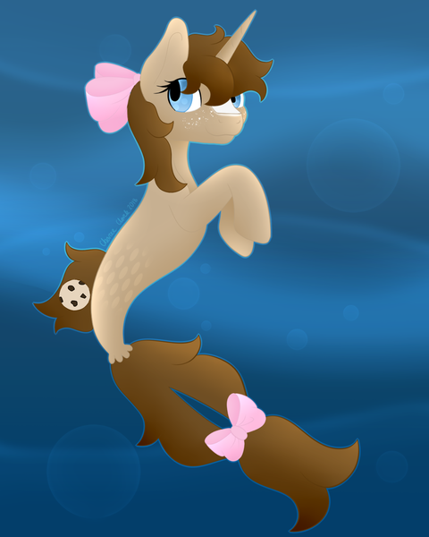 Size: 1600x2000 | Tagged: safe, artist:dolphintales, derpibooru import, oc, unofficial characters only, pony, seapony (g4), unicorn, blue background, blue eyes, brown mane, bubble, dorsal fin, fish tail, flowing tail, horn, image, png, seaponified, seashell, simple background, smiling, solo, species swap, tail, underwater, water