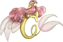 Size: 2989x2007 | Tagged: safe, artist:tsukorito, derpibooru import, fluttershy, butterfly, insect, merpony, pegasus, pony, seapony (g4), clothes, female, fin wings, fins, fish tail, flowing mane, flowing tail, green eyes, image, looking up, mare, pink mane, png, seaponified, seapony fluttershy, see-through, simple background, solo, species swap, tail, transparent background, wings