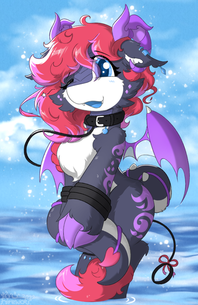 Size: 1222x1886 | Tagged: safe, artist:焰心fireworks, derpibooru import, oc, oc:sunset fireworks, unofficial characters only, dracony, dragon, hybrid, original species, succubus, succubus pony, collar, female, image, ocean, png, solo, water