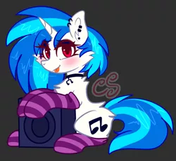 Size: 1550x1428 | Tagged: safe, artist:computershits, derpibooru import, vinyl scratch, unicorn, :p, butt fluff, cheek fluff, chest fluff, choker, clothes, cutie mark, cutie mark accessory, ear fluff, ear piercing, eye clipping through hair, female, gray background, hooves up, image, lightly watermarked, looking at you, piercing, png, red eyes, shiny hair, simple background, sitting, socks, solo, speaker, striped socks, tongue out, two toned mane, watermark