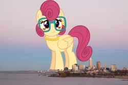 Size: 2048x1365 | Tagged: safe, artist:dashiesparkle, artist:thegiantponyfan, derpibooru import, posey shy, pegasus, pony, cleveland, female, giant pegasus, giant pony, giantess, glasses, highrise ponies, image, irl, jewelry, jpeg, looking at you, macro, mare, mega giant, necklace, ohio, pearl necklace, photo, ponies in real life, smiling