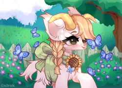 Size: 1280x920 | Tagged: safe, artist:sirok9999, derpibooru import, oc, unofficial characters only, butterfly, insect, pony, chest fluff, cute, ear fluff, eyelashes, female, flower, goat p, horns, image, jpeg, mare, outdoors, raised hoof, solo, sunflower