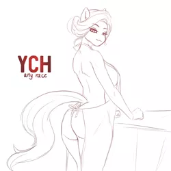 Size: 2500x2500 | Tagged: safe, artist:ucat, derpibooru import, oc, unofficial characters only, anthro, earth pony, apron, ass, bedroom eyes, big breasts, breasts, butt, clothes, commission, earth pony oc, female, housewife, image, lineart, looking at you, monochrome, naked apron, partial nudity, png, sideboob, simple background, solo, solo female, white background, your character here