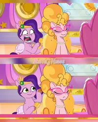 Size: 1920x2400 | Tagged: safe, derpibooru import, edit, edited screencap, editor:itsmgh1203, screencap, phyllis cloverleaf, pipp petals, earth pony, pegasus, pony, mane melody, my little pony: tell your tale, spoiler:g5, spoiler:my little pony: tell your tale, spoiler:tyts01e05, spoiler:tyts01e10, comparison, duo, eyes closed, female, g5, glasses, image, jpeg, mare, open mouth, shrunken pupils, smiling, sunny-day dinners, sweat