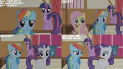 Size: 1280x720 | Tagged: safe, derpibooru import, edit, edited screencap, editor:quoterific, screencap, fluttershy, rainbow dash, rarity, twilight sparkle, pegasus, pony, unicorn, applebuck season, season 1, female, image, mare, open mouth, png, ponyville town hall, text, unicorn twilight