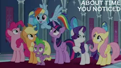 Size: 1280x720 | Tagged: safe, derpibooru import, edit, edited screencap, editor:quoterific, screencap, applejack, fluttershy, pinkie pie, rainbow dash, rarity, spike, twilight sparkle, twilight sparkle (alicorn), alicorn, dragon, earth pony, pegasus, pony, unicorn, season 9, the beginning of the end, spoiler:s09, applejack's hat, cowboy hat, crossed hooves, female, flying, hat, image, jpeg, male, mane seven, mane six, mare, open mouth, open smile, smiling, spread wings, text, winged spike, wings