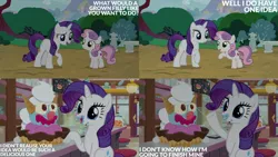 Size: 1280x720 | Tagged: safe, derpibooru import, edit, edited screencap, editor:quoterific, screencap, rarity, sweetie belle, pony, unicorn, forever filly, season 7, duo, female, filly, foal, food, ice cream, image, jpeg, mare, open mouth, open smile, smiling, text