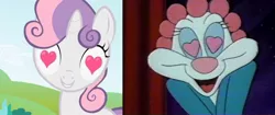 Size: 2048x859 | Tagged: safe, derpibooru import, edit, edited screencap, screencap, sweetie belle, pony, skunk, unicorn, lesson zero, season 2, coincidence i think not, comparison, cute, female, fifi la fume, filly, foal, heart, heart eyes, image, jpeg, kit, tiny toon adventures, wingding eyes, younger