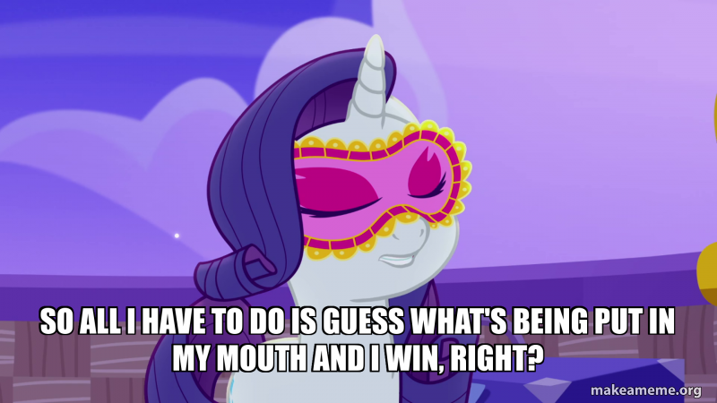 Size: 800x450 | Tagged: safe, derpibooru import, edit, edited screencap, screencap, rarity, rainbow roadtrip, caption, image, image macro, png, sleep mask, solo, text