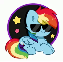 Size: 3936x3872 | Tagged: safe, artist:kittyrosie, derpibooru import, rainbow dash, pegasus, pony, chest fluff, cute, dashabetes, female, image, jpeg, lying down, mare, simple background, smiling, solo, stars, sunglasses, white background