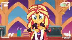 Size: 640x360 | Tagged: safe, derpibooru import, screencap, sunset shimmer, equestria girls, equestria girls series, how to backstage, spoiler:eqg series (season 2), animated, camera shot, female, geode of empathy, gif, gifs.com, image, magical geodes, music festival outfit, solo