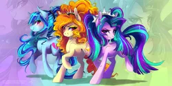 Size: 8000x4000 | Tagged: safe, artist:wilvarin-liadon, derpibooru import, adagio dazzle, aria blaze, sonata dusk, ponified, earth pony, pony, 2017, abstract background, absurd file size, absurd resolution, blushing, color porn, cutie mark, ear fluff, equestria girls ponified, eyestrain warning, female, image, long mane, looking at you, mare, old art, png, raised hoof, smiling, the dazzlings, trio, zoom layer