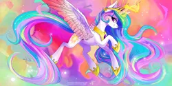 Size: 8000x4000 | Tagged: safe, artist:wilvarin-liadon, derpibooru import, princess celestia, alicorn, pony, 2017, abstract background, absurd file size, absurd resolution, blushing, color porn, colored wings, cute, female, flying, glow, glowing horn, horn, image, looking at you, magic, mare, old art, png, smiling, solo, spread wings, wings