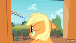 Size: 640x360 | Tagged: safe, derpibooru import, screencap, applejack, earth pony, pony, season 1, the cutie mark chronicles, animated, blinking, cute, female, filly, filly applejack, floppy ears, gif, gifs.com, image, jackabetes, open mouth, open smile, rainbow, smiling, solo, younger