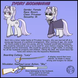Size: 1024x1024 | Tagged: safe, artist:dice-warwick, derpibooru import, oc, oc:ivory moonshine, bicorn, pony, fallout equestria, choker, clothes, cloven hooves, cutlass, ear piercing, earring, horn, image, jacket, jewelry, jpeg, lever action rifle, multiple horns, piercing, sunglasses, sword, weapon