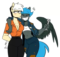 Size: 979x926 | Tagged: safe, artist:redxbacon, derpibooru import, oc, oc:jade shine, oc:note clip, anthro, earth pony, pegasus, duo, duo female, female, image, png, wrench