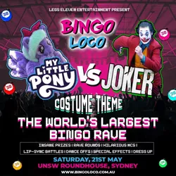 Size: 1000x1000 | Tagged: safe, derpibooru import, flitter, anthro, human, pegasus, pony, australia, bingo loco, clothes, costume, dc comics, event, female, image, jpeg, mare, my little pony, poster, sydney, the joker