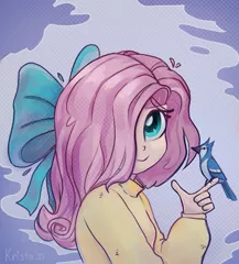 Size: 1455x1609 | Tagged: safe, artist:krista-21, derpibooru import, fluttershy, bird, blue jay, human, bow, clothes, cute, female, hair bow, hair over one eye, image, jpeg, shyabetes, smiling, solo, sweater