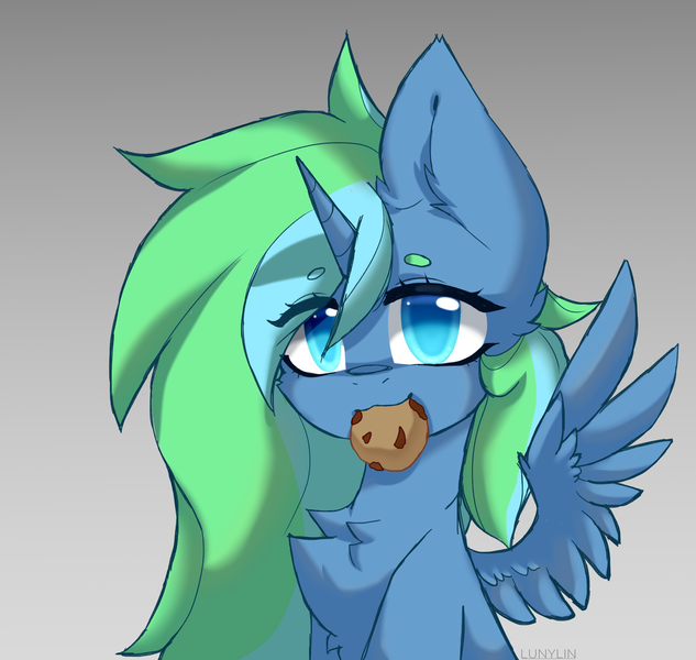 Size: 2280x2160 | Tagged: safe, artist:lunylin, derpibooru import, oc, oc:night, alicorn, cookie, cute, female, food, image, looking at you, png, solo, solo female