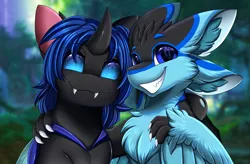 Size: 4015x2640 | Tagged: safe, artist:pridark, derpibooru import, oc, oc:swift dawn, unofficial characters only, changeling, best friends, bust, changeling oc, commission, duo, furry, high res, image, looking at you, png, portrait, smiling
