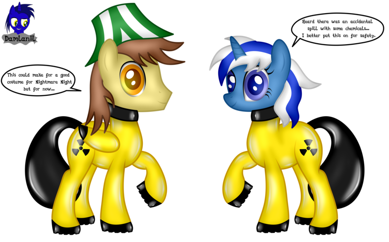 Size: 6672x4154 | Tagged: safe, artist:damlanil, derpibooru import, oc, oc:ferb fletcher, oc:zipper zest, pegasus, pony, unicorn, boots, clothes, collar, comic, commission, duo, female, hazmat pony drone, hazmat suit, horn, image, latex, latex boots, latex suit, looking at you, male, mare, png, raised hoof, rubber, rubber drone, shiny, shoes, show accurate, simple background, speech bubble, stallion, suit, text, transparent background, vector, wings