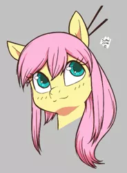 Size: 413x561 | Tagged: artist needed, safe, derpibooru import, fluttershy, pegasus, pony, aggie.io, alternate hairstyle, bust, cute, female, gray background, hair accessory, image, mare, png, shyabetes, simple background, solo