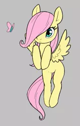 Size: 319x501 | Tagged: artist needed, safe, derpibooru import, fluttershy, butterfly, insect, pegasus, pony, aggie.io, blank flank, cute, female, filly, filly fluttershy, flying, foal, gray background, hair over one eye, hooves to the chest, image, png, shyabetes, simple background, solo, spread wings, wings, younger