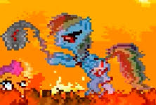 Size: 222x149 | Tagged: grimdark, artist:tarkan809, derpibooru import, rainbow dash, smolder, dragon, pegasus, pony, .exe, bipedal, creepypasta, female, fire, game, image, jpeg, mare, pegasus device, rainbow.exe, smoldless.exe, youtube link