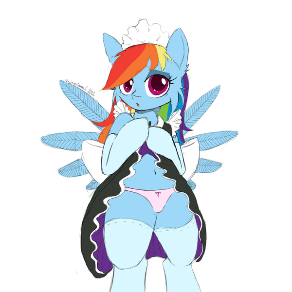 Size: 1080x1080 | Tagged: suggestive, artist:fajnyziomal, derpibooru import, rainbow dash, pegasus, pony, cheek fluff, clothes, commission, image, jpeg, maid, panties, simple background, socks, solo, spread wings, underwear, white background, wings, your character here